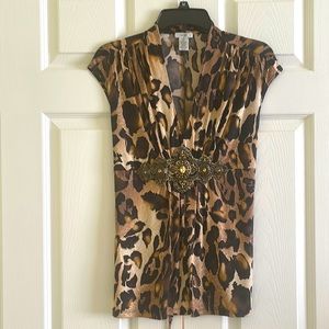 💋SALE💋 Cache Animal Print Tunic with Stone-Metal decoration in Front. Size M.